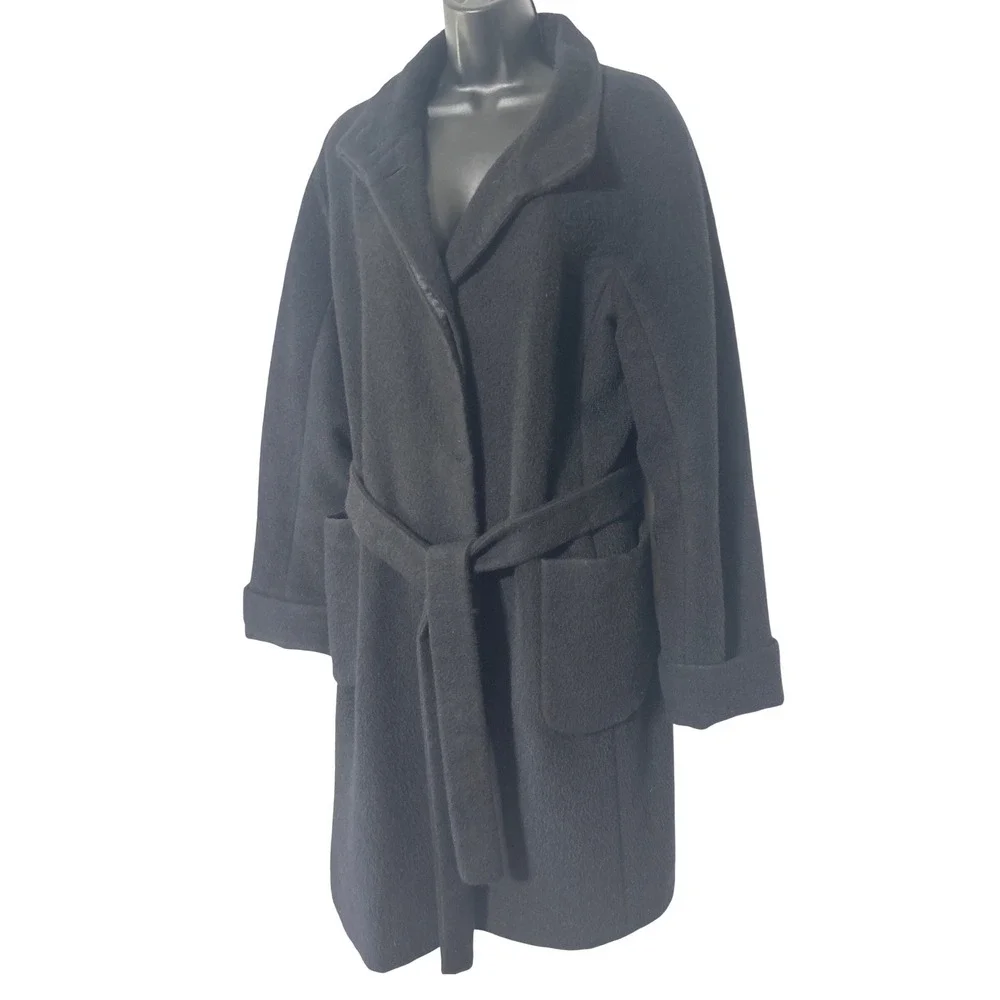 Katherine Kelly Black Alpaca Wool Blend Wrap Coat Shawl Collar Size 14 Womens